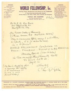 Letter from World Fellowship, Inc. to W. E. B. Du Bois