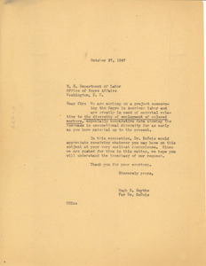 Letter from Hugh H. Smythe to United States Department on Labor