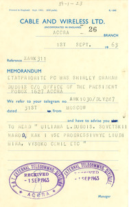 Telegram from unidentified correspondent to Shirley Graham Du Bois