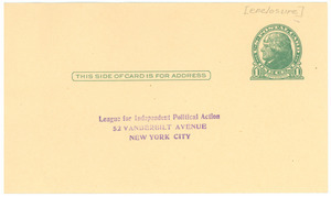 Self-addressed stamped postcard from the League for Independent Political Action to W. E. B. Du Bois
