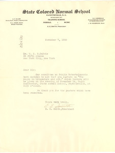 Letter from The State Colored Normal School of Fayetteville to W. E. B. Du Bois