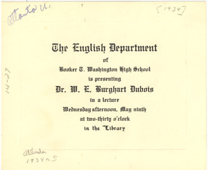 Announcement of W. E. B. Du Bois in lecture at Booker T. Washington High School