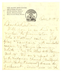 Letter from the Allied Arts Centre to W. E. B. Du Bois