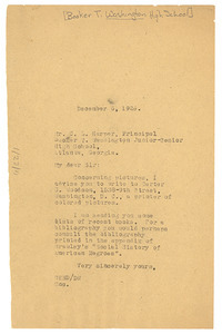 Letter from W. E. B. Du Bois to Booker T. Washington Junior-Senior High School