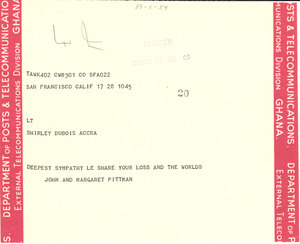 Telegram from John and Margaret Pittman to Shirley Du Bois