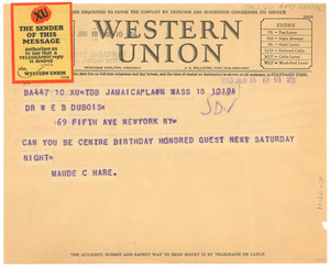 Telegram from Maude C. Hare to W. E. B. Du Bois