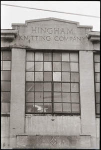 Women's occupation of the Architectural Technology Workshop, Harvard University: entrance to ATW with old sign for Hingham Knitting Co.
