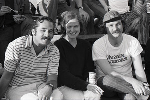 Boston Phoenix vs. WBCN staff softball game: Harper Barnes (r) with two unidentified staff members