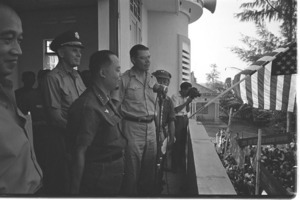 McNamara, Nguyen Khanh, General Taylor making speech in village of Hoa Hoa; Long Xuyen Province.