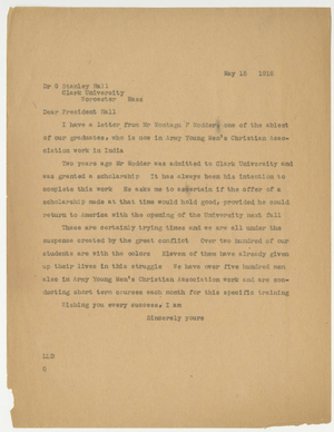 Letter from Laurence L. Doggett to Granville Stanley Hall (May 15, 1918)