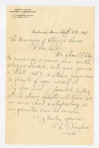 Letter to Amos Alonzo Stagg from the Amherst College Football Team, September 23, 1891