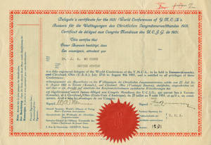 James Huff McCurdy certificate for the 1931 World Conferences of YMCAs