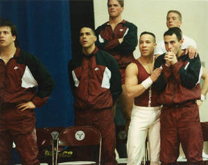 Springfield College men's gymnastics team watching meet