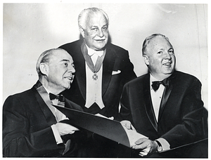 Composer Richard Rodgers, Boston Pops Orchestra conductor Arthur Fiedler, and Mayor John F. Collins at the dedication of the War Memorial Auditorium, where Rodgers and Fiedler became the first recipients of the Boston Medal for Distinguished Achievement