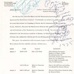 Annotated news release containing the schedule for Festival Puertorriqueño 1975