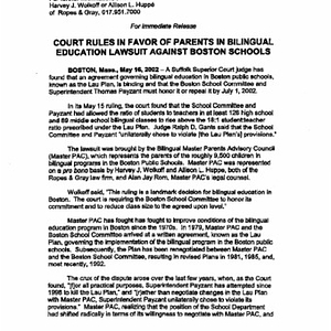 Facsimile of press release, Court rules in favor of parents in bilingual education lawsuit against Boston schools