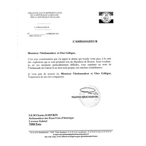 Letter from Ngoyo Moussavou, the Gabonese Ambassador to France, to Charles Rivkin, the United States Ambassador to France