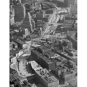 South Station area looking north up Atlantic Avenue from Chinatown, tunnel work, close up, Boston, MA