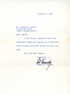 Letter from Edward M. Kennedy to Charles Santos Jr. (November 7, 1954)