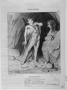 Oedipe chez le Sphinx. Ce vilain animal a tête d´antiquaire, Lui dit: Pourquoi, monsieur, ne fait-il pas compter Sur une pyramide? Alors sans hésiter Oedipe répondit: C´est qu´elles sont près Caire. Pour un vieux calembourg on peut s´en contenter. (Cours de Mr. Raoul-Rochette.)