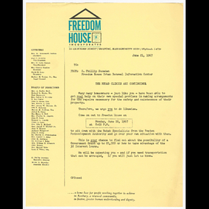 Memorandum from O.P. Snowden and Freedom House Urban Renewal Information Center about rehab clinic on June 26, 1967