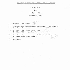 Agenda for bilingual parent and coalition groups meeting on November 8, 1978