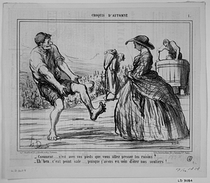 - Comment..... c'est avec vos pieds que vous allez presser les raisins?..... - Eh! bien... c'est point sale....., puisque j'avons eu soin d'ôter nos souliers!......