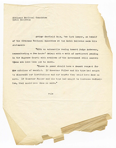 Statement by Citizens National Committee for Sacco and Vanzetti on behalf of Arthur Garfield Hays, circa August 1927