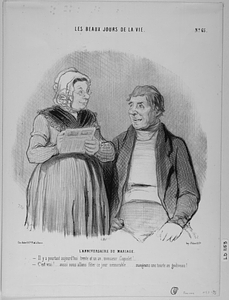 L' ANNIVERSAIRE DU MARIAGE. - Il y a pourtant aujourd'hui trente et un an, monsieur Coquelet!... - C'est vrai!... aussi nous allons fêter ce jour mémorable..... mangeons une tourte aux godiveaux!