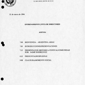 Agenda from Festival Puertorriqueño de Massachusetts, Inc. Board of Directors meeting on January 11, 1994