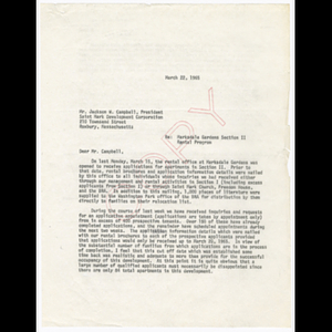 Letter from James F. Linehan, Jr. to Mr. Jackson W. Campbell about Marksdale Gardens section two rental program