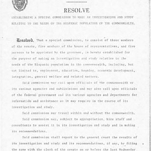 Resolve establishing a special commission to make an investigation and study relative to the needs of the Hispanic population of the Commonwealth