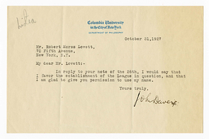 Letter from John Dewey to Robert Morss Lovett, October 31, 1927