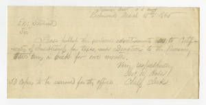 Letter by John W Hall, Chief Clerk, Treasury Dept., C.S.A., Richmond, to Ed: Sentinel with advertisement to be published three times a week for one month on donations to the treasury