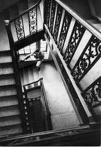 Student studying in the Stetson Library stairwell