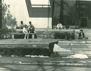 Students relaxing outside the Robert Frost Library, Amherst College