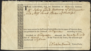 Marriage Intention of Sebery Chilo Hathaway of Bridgewater and Sarah Porter, 1818