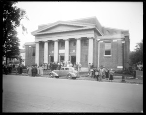 Large, Columned Portico of Building, Group of People on Steps