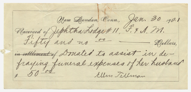 Receipt for the funeral expenses of William Tillman, 1921 January 30