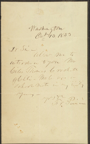 Letter of introduction from President Franklin Pierce for a former schoolmate, 1853 October 13