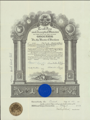 Master Mason certificate for Harold Robert Ertel