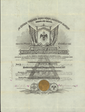 Honorary 33° member certificate issued by the Supreme Council for the Northern Masonic Jurisdiction to David A. Sawdey, 1900 September 18
