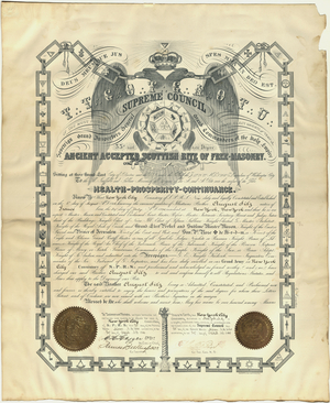 32° member certificate issued by the Supreme Council for the Northern Masonic Jurisdiction to August Silz, 1900 April 27