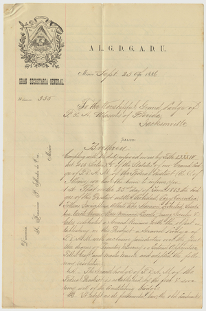 Letter from the Gran Logia to the Grand Lodge of Florida, 1886 September 25