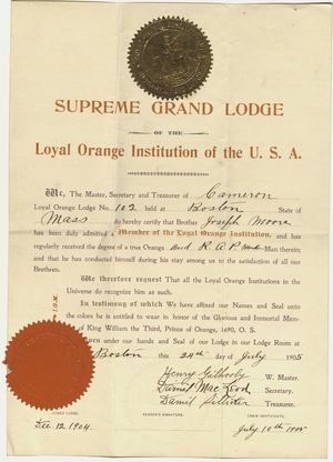 Membership certificate issued by Cameron Loyal Orange Lodge, No. 102, to Joseph Moore, 1905 July 24