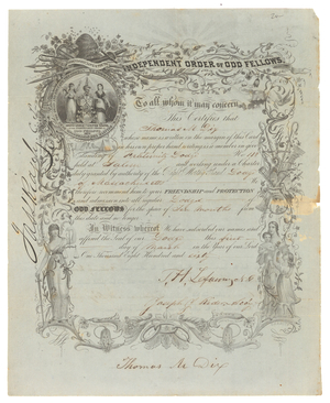 Traveling membership certificate issued by Fraternity Lodge, No. 118, to Thomas M. Dix, 1860 March 1