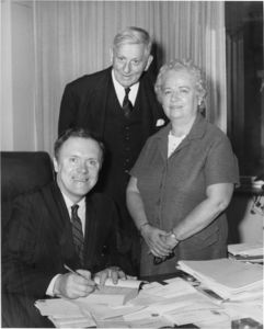Film historian Lawrence J. Quirk (B.A. 1949), President John E. Fenton (1965-1970), Dorothy "Dottie Mac" MacNamara at a Suffolk University event