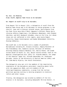 Confidential memorandum to John Joseph Moakley from the staff of the Special Task Force on El Salvador regarding the El Salvador staff trip report, 15 August 1990