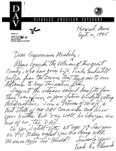 Constituent letter to John Joseph Moakley regarding veterans' benefits, 2 September 1995