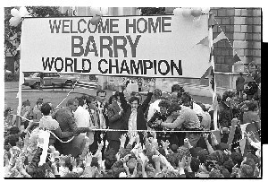 Barry McGuigan, boxing champion. Scenes at Belfast City Hall when he won is World Title